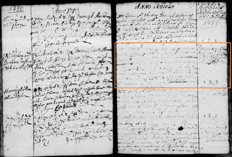 Kirchenbucheintrag einer Hochzeit aus dem Jahr 1751 in Rödgen